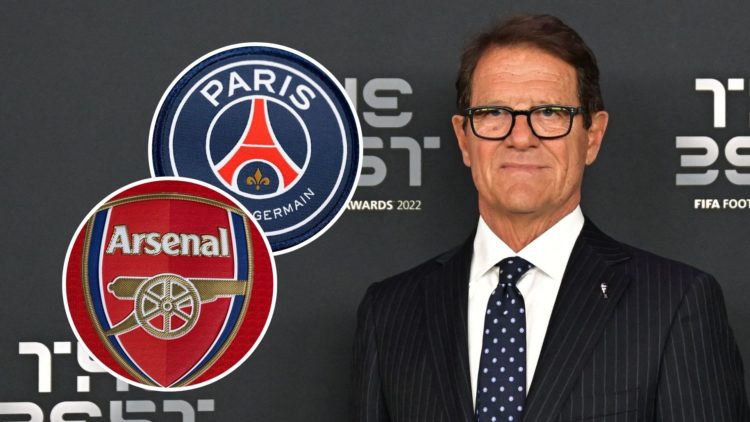 A split image featuring the Arsenal and PSG badges alongside an image of former manager Fabio Capello.