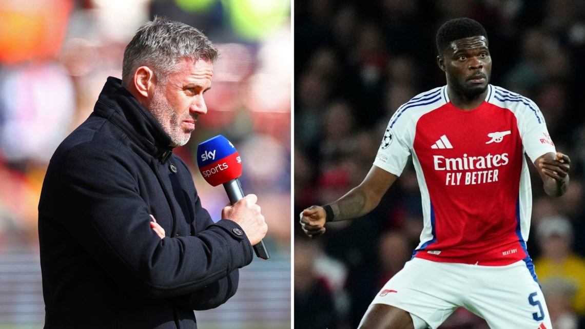 A split image featuring Jamie Carragher and Arsenal midfielder Thomas Partey.