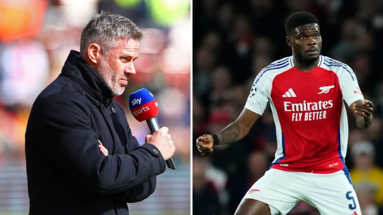 A split image featuring Jamie Carragher and Arsenal midfielder Thomas Partey.