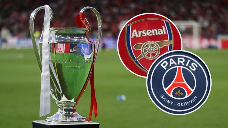 A split image featuring the Champions League trophy alongside the Arsenal badge and PSG badge.