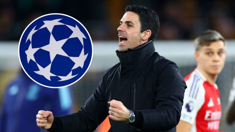 An image featuring Mikel Arteta celebrating and the Champions League logo