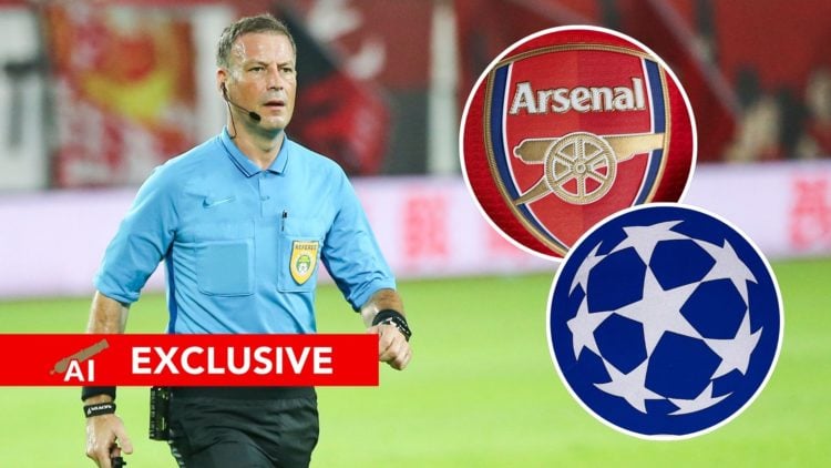 A split image featuring referee Mark Clattenburg, the Arsenal badge and the Champions League logo.