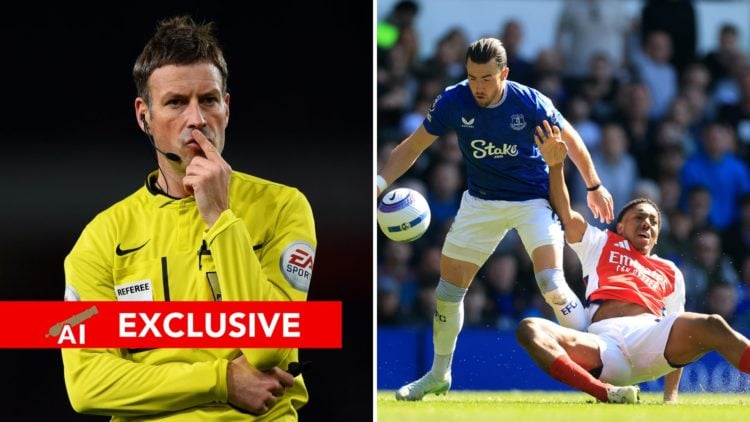 A split image featuring former referee Mark Clattenburg and Jack Harrison battling with Myles Lewis-Skelly during Everton vs Arsenal.