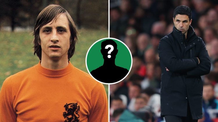 Split Image of: Johan Cruijff of the Dutch national team during a photo shoot, Mikel Arteta, manager of Arsenal, during the Premier League match be...