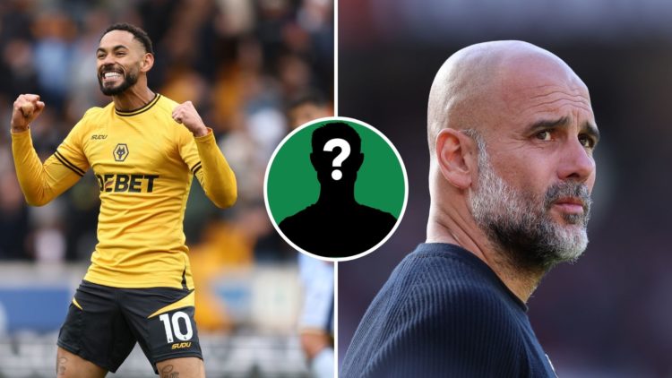 Split Image of: Matheus Cunha of Wolverhampton Wanderers celebrates scoring his team's fourth goal during the Premier League match between Wolverha...