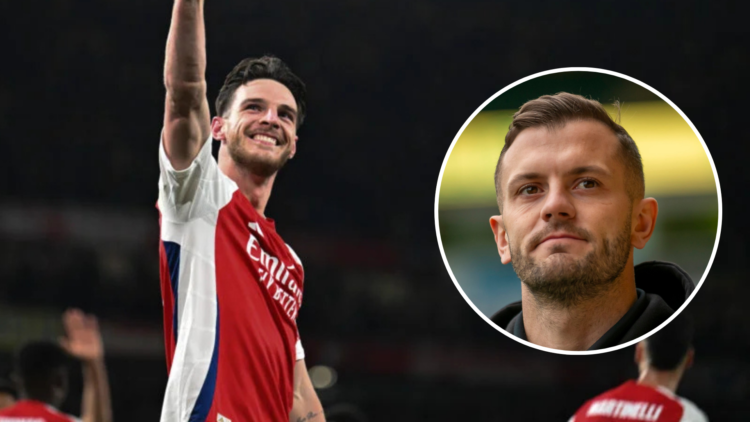 Image of Arsenal's Declan Rice celebrating his goal against Real Madrid with an inset of Jack Wilshere