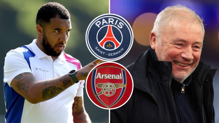 A split image featuring Troy Deeney, Ally McCoist, PSG badge and Arsenal crest.