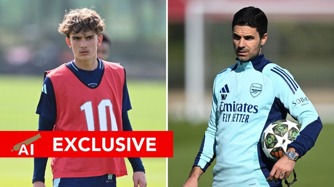 Split image of Mikel Arteta during training, and Max Dowman of Arsenal during a training session at Sobha Realty Training Centre.