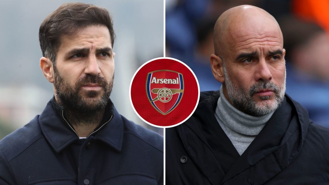 Split Image of: Cesc Fabregas looks on before the Serie A match between Como 1907 and SSC Napoli, Pep Guardiola, Manager of Manchester City on the ...