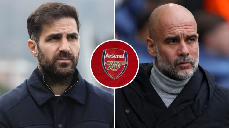 Split Image of: Cesc Fabregas looks on before the Serie A match between Como 1907 and SSC Napoli, Pep Guardiola, Manager of Manchester City on the ...