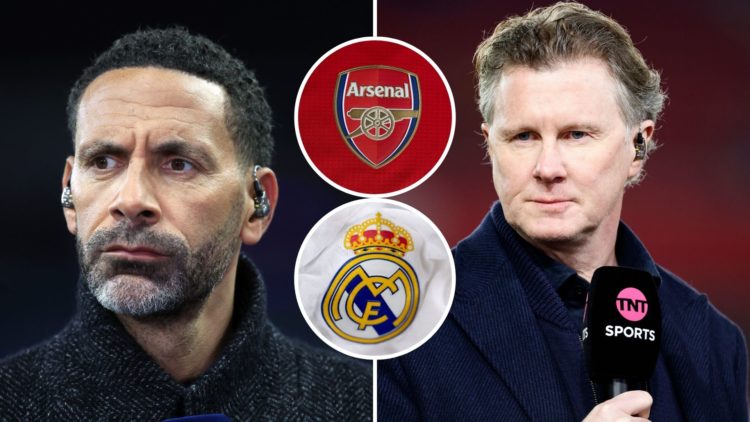 Split Image of: Rio Ferdinand TNT Co-commentator portrait before the UEFA Champions League 2024/25 UEFA Champions League 2024/25 Round of 16 Second...