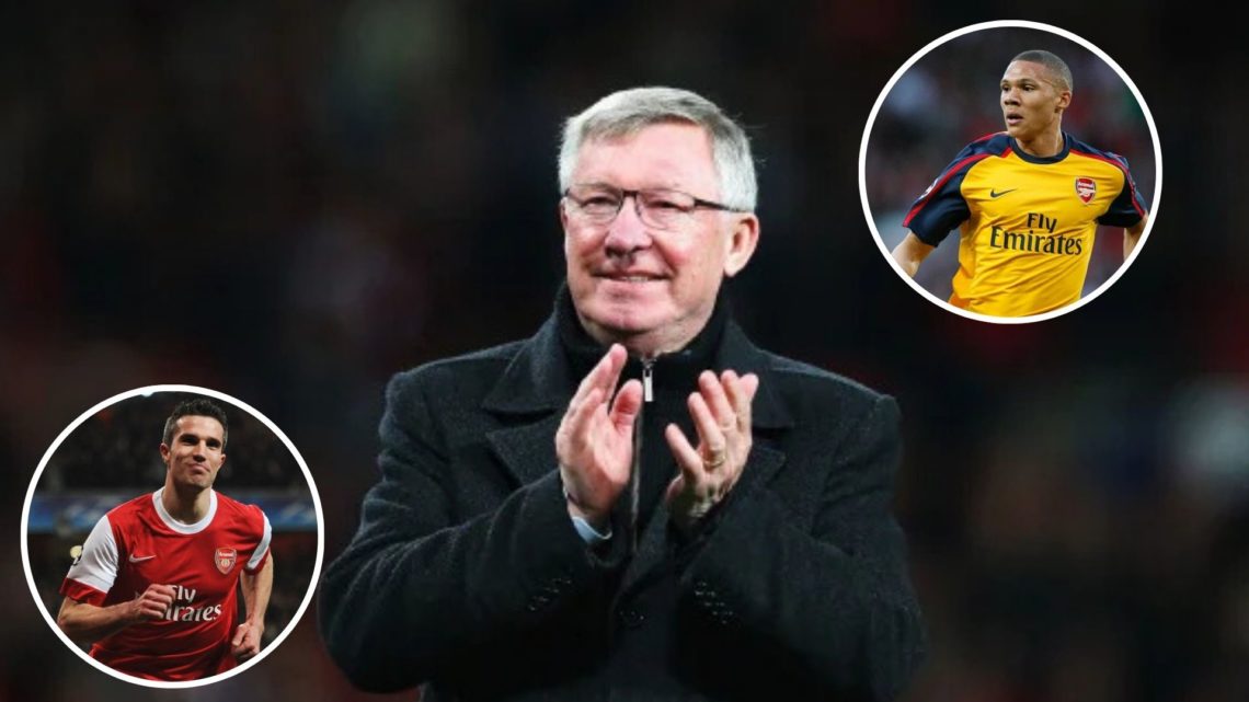 Image of: Sir Alex Ferguson, manager of Manchester United celebrates victory and winning the Premier League title Insets of: Kieran Gibbs of Arsena...
