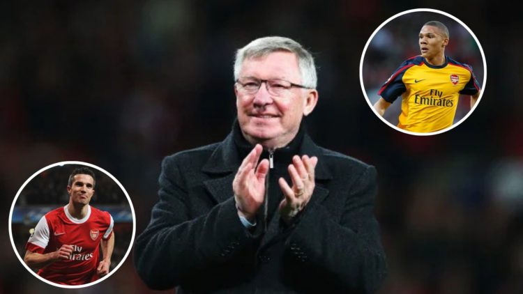 Image of: Sir Alex Ferguson, manager of Manchester United celebrates victory and winning the Premier League title Insets of: Kieran Gibbs of Arsena...