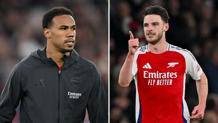 A split image featuring Arsenal star Gabriel Magalhaes and Declan Rice.