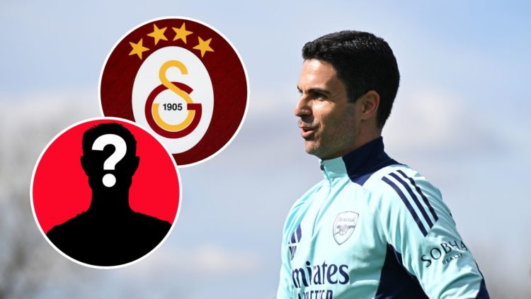 An image featuring Arsenal manager Mikel Arteta alongside insets of the Galatasaray badge and a mystery player.