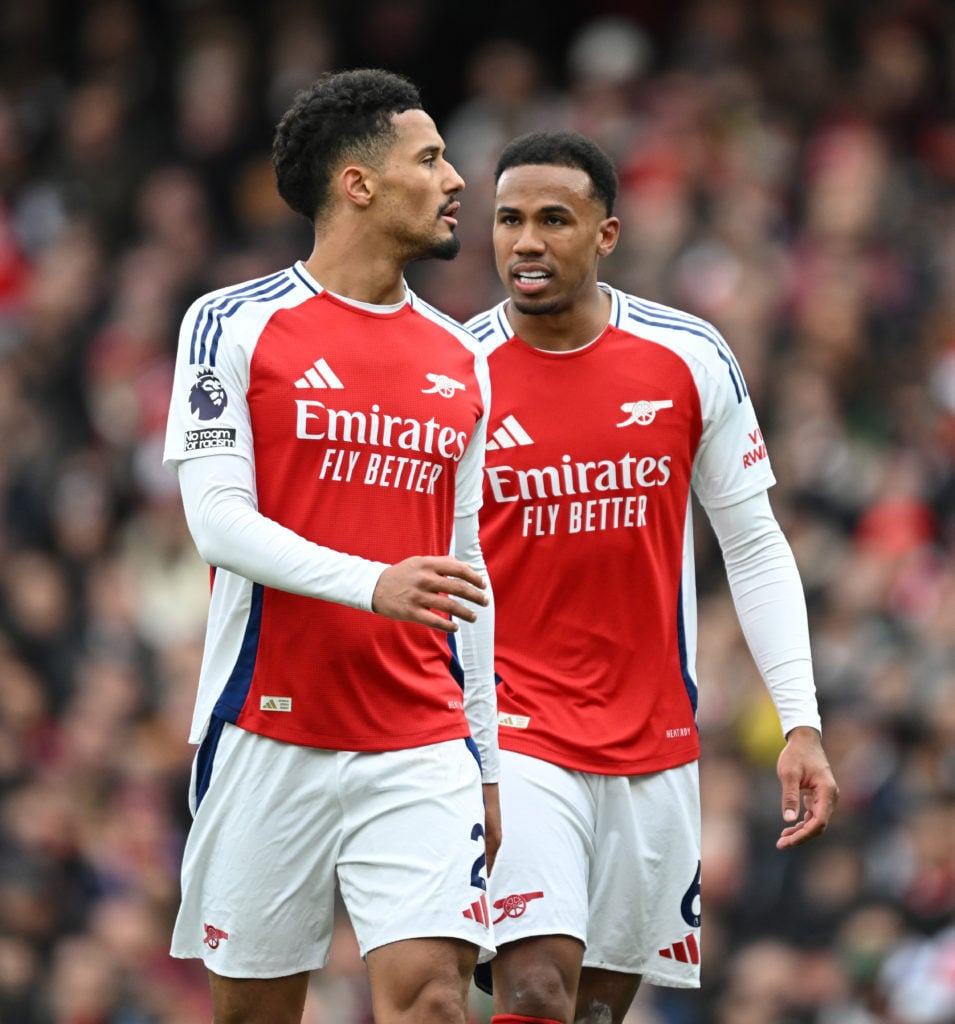 William Saliba and Gabriel Magalhaes in action during Arsenal FC v Chelsea FC in the Premier League clash.