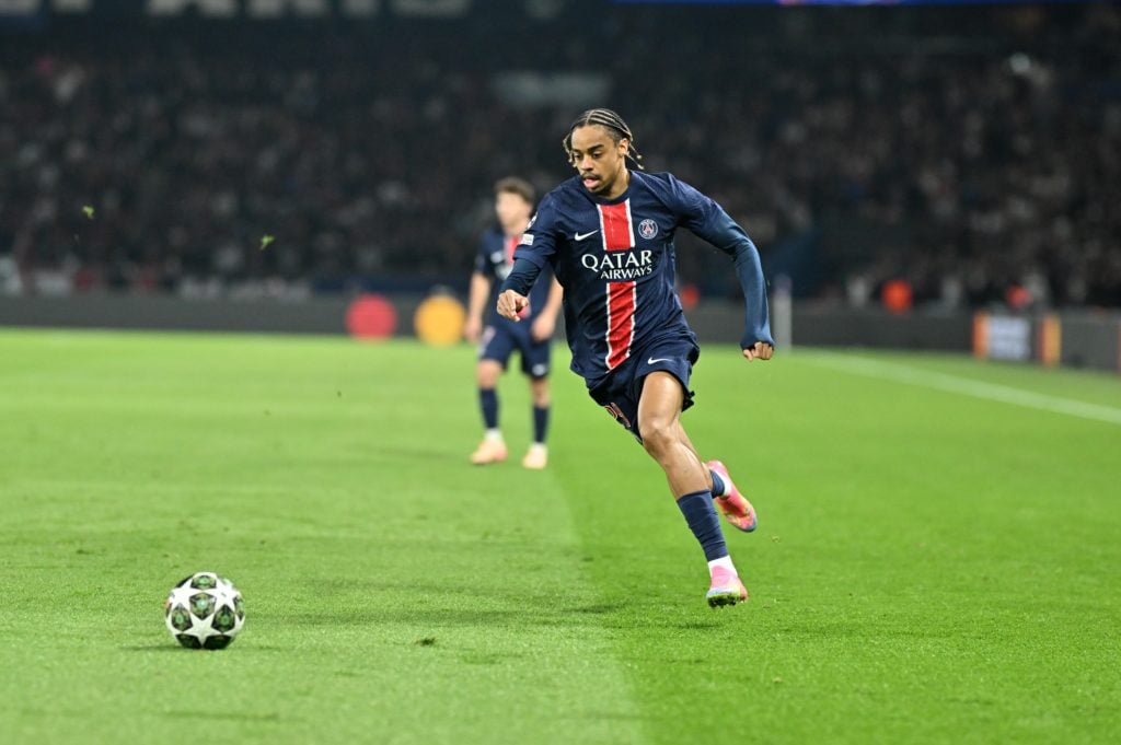 Bradley Barcola chasing the ball during a game between PSG and Aston Villa in the Champions League