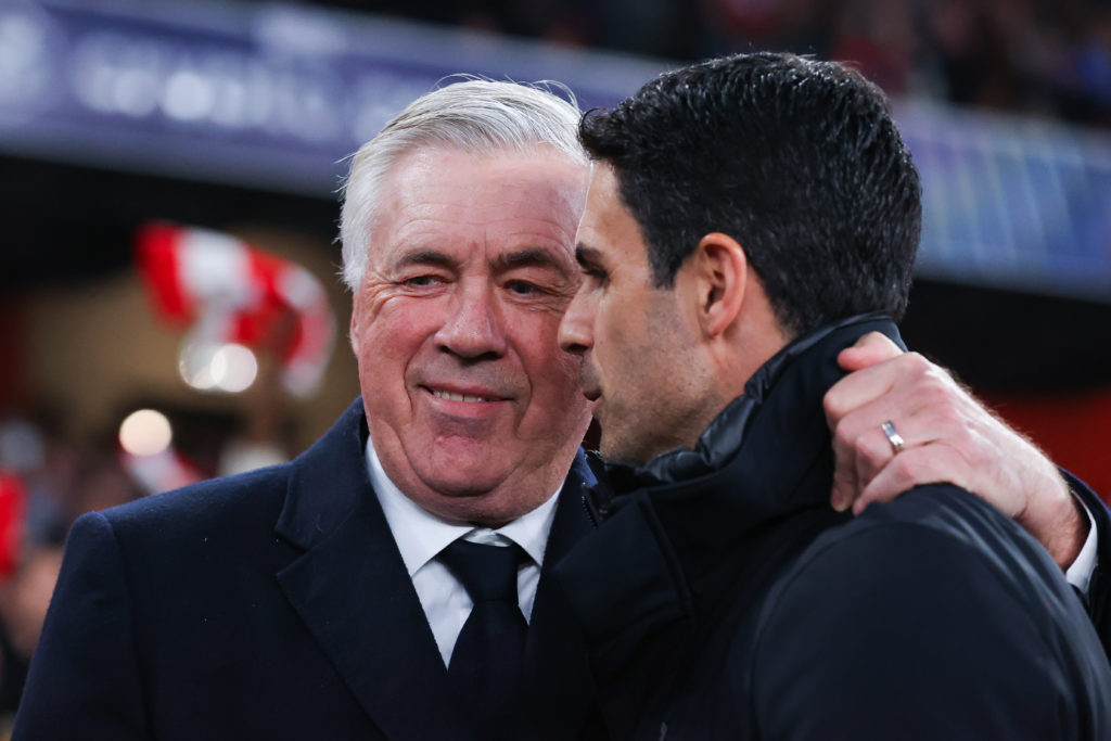 Carlo Ancelotti embraces Mikel Arteta ahead of Arsenal versus Real Madrid in the Champions League.