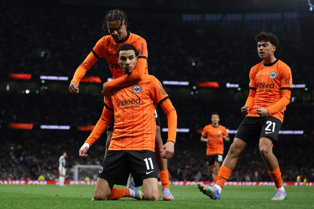 Hugo Ekitike celebrates scoring during Tottenham Hotspur v Eintracht Frankfurt in the UEFA Europa League 2024/25 Quarter Final First Leg.