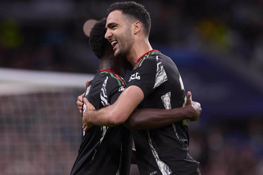 Bukayo Saka (L) of Arsenal FC and Mikel Merino (R) of