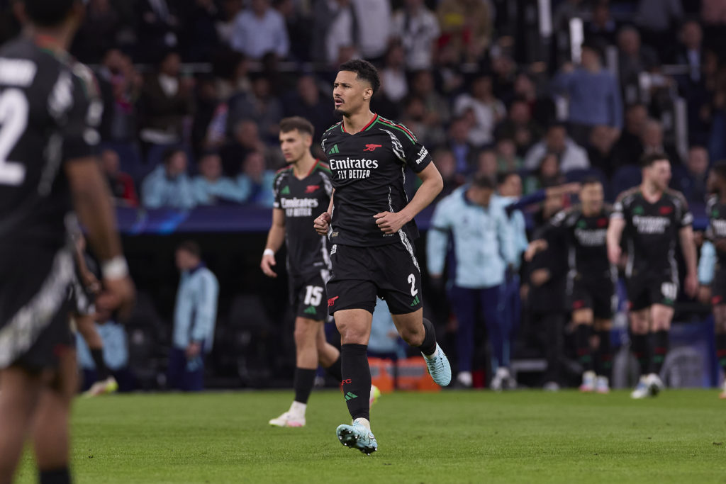 William Saliba of Arsenal FC seen in action during the UEFA Champions League clash with Real Madrid.