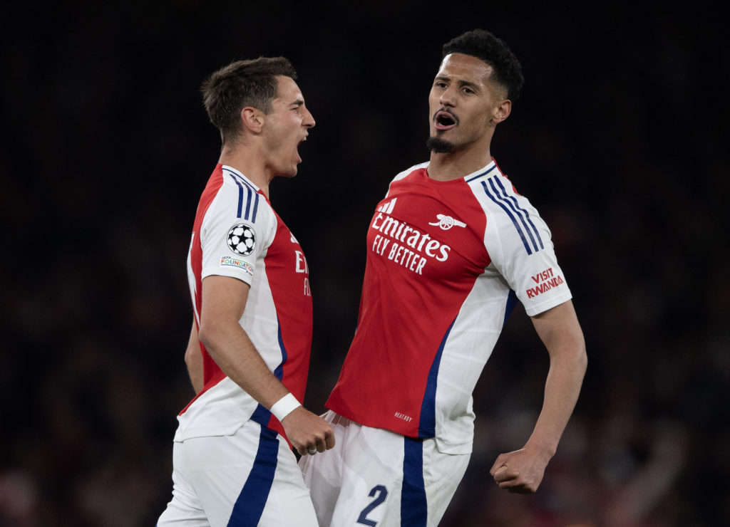 Jakub Kiwior and William Saliba celebrate during Arsenal FC v Real Madrid C.F in the UEFA Champions League 2024/25 Quarter Final First Leg clash.