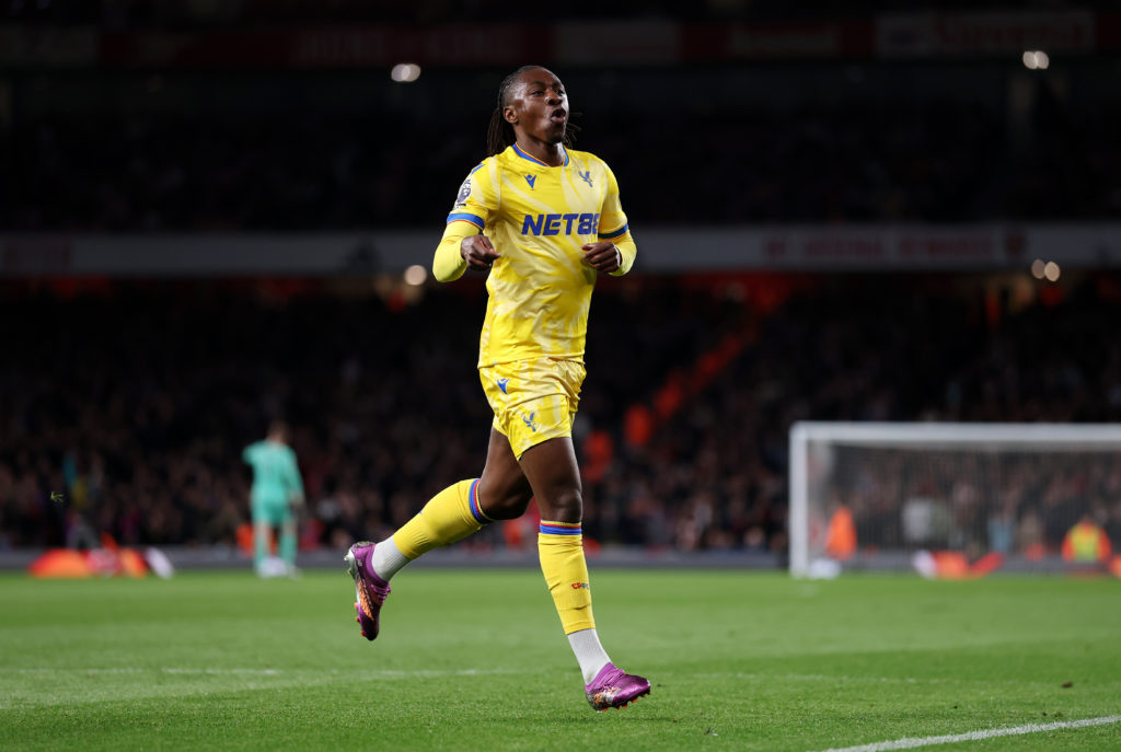 Eberechi Eze celebrates scoring during Arsenal FC v Crystal Palace FC in the Premier League clash.
