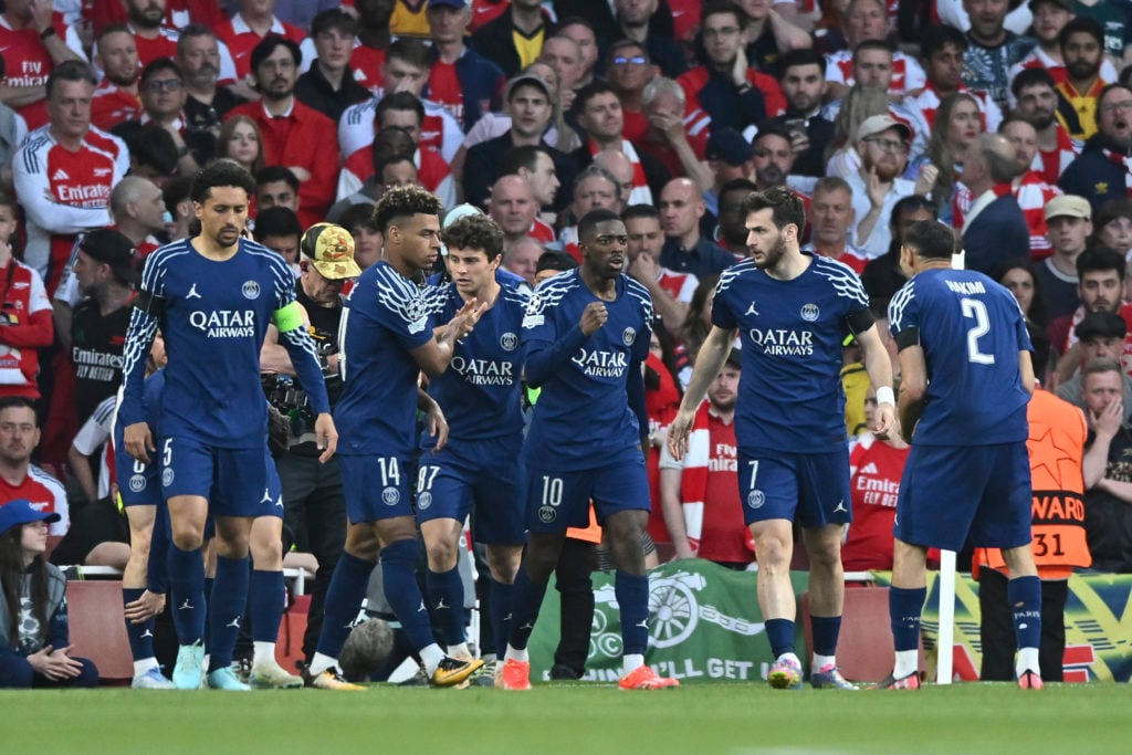 Ousmane Dembele celebrates during Arsenal vs Paris Saint-Germain in the UEFA Champions League.