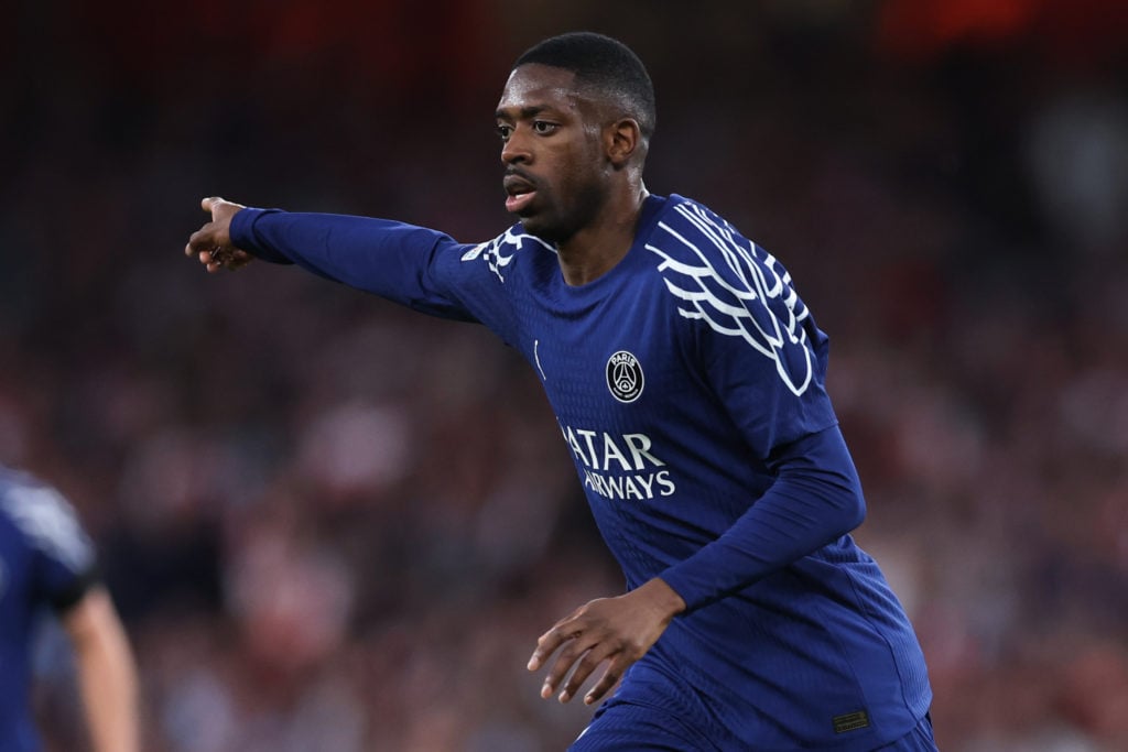 Ousmane Dembele points during Arsenal vs PSG