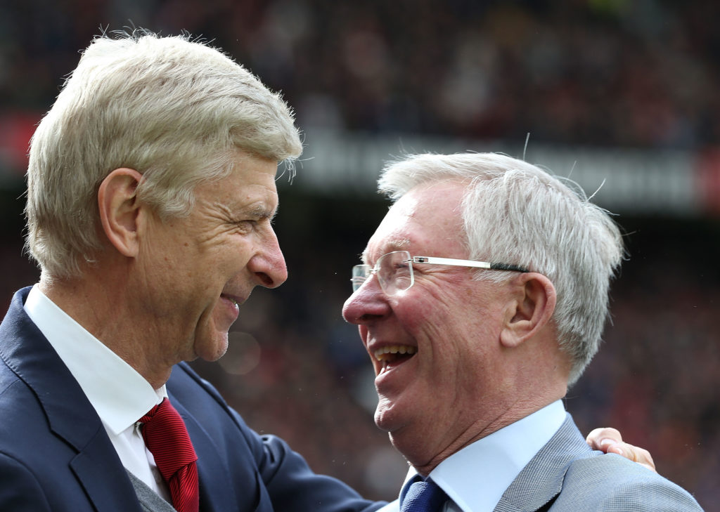 Arsene Wenger and Sir Alex Ferguson embrace during Manchester United v Arsenal in the Premier League clash.
