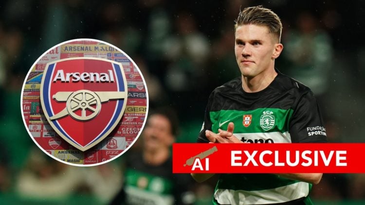 Viktor Gyokeres of Sporting CP celebrates after scoring a goal during the Portuguese Cup match. Inset, the Arsenal badge.
