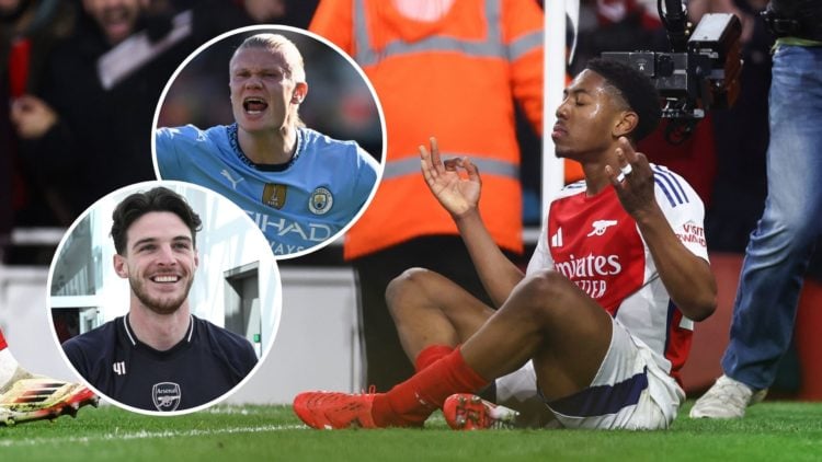 An image featuring Myles Lewis-Skelly celebrating during Arsenal vs Manchester City alongside two insets of Declan Rice and Erling Haaland.