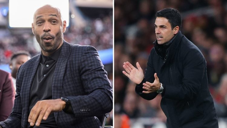 A split image featuring Thierry Henry and Arsenal boss Mikel Arteta