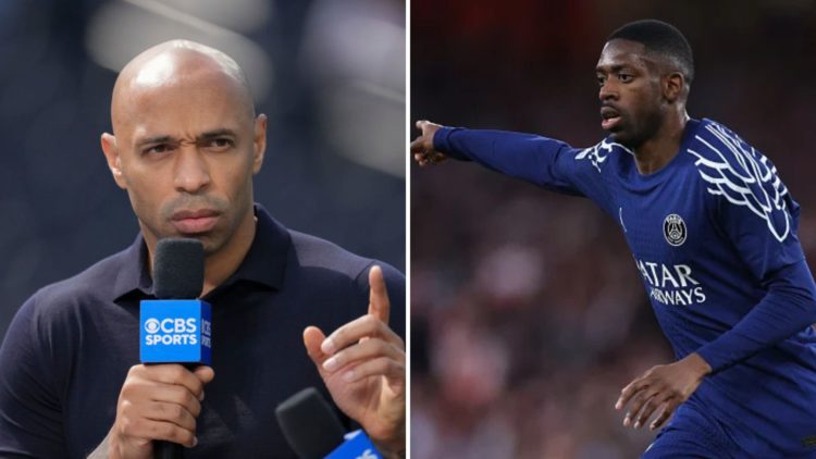 Split Image of: Thierry Henry during the game during a Concacaf Nations League game between Canada and USMNT, Ousmane Dembele of Paris Saint Germai...