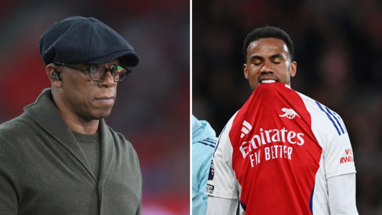 Split image of (L) Ian Wright looking on and (R) Gabriel Magalhaes leaving the pitch dejected after his injury