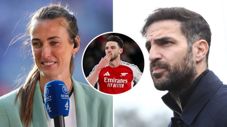 A split image featuring Jill Scott, Arsenal player Declan Rice and Cesc Fabregas.