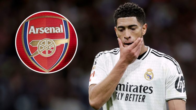 An image featuring the Arsenal badge and Jude Bellingham reacting during a Real Madrid game.