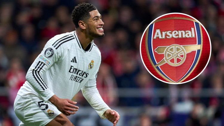 An image featuring Real Madrid star Jude Bellingham and the Arsenal badge.