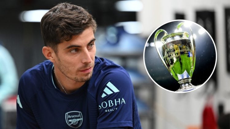 A split image featuring Kai Havertz in Arsenal training alongside a general view of the Champions League trophy