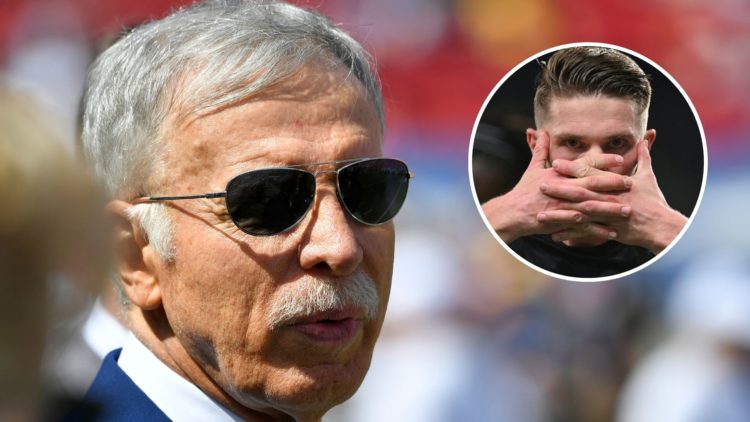 Arsenal owner Stan Kroenke looks on next to an inset of Viktor Gyokeres celebrating for Sporting CP