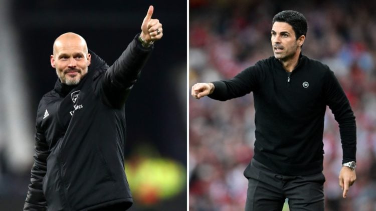 Split Image of: Freddie Ljungberg, Interim Manager of Arsenal acknowledges the fans during the Premier League match between West Ham United and Ars...