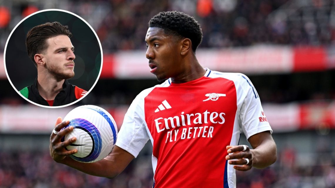 Image of: Myles Lewis-Skelly of Arsenal looks on during the Premier League match between Arsenal FC and Chelsea FC, Inset of: Declan Rice of Arsena...
