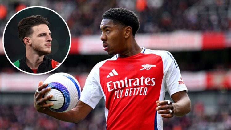 Image of: Myles Lewis-Skelly of Arsenal looks on during the Premier League match between Arsenal FC and Chelsea FC, Inset of: Declan Rice of Arsena...