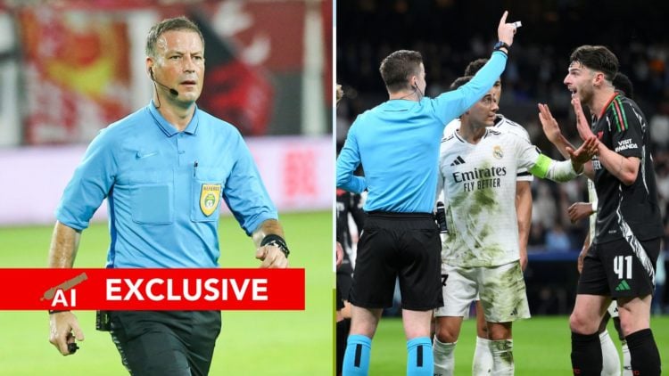 A split image featuring Mark Clattenburg and Arsenal players protesting against Real Madrid.