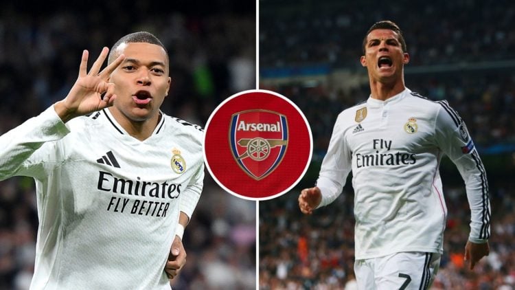 Split Image of: Kylian Mbappe of Real Madrid celebrates scoring his team's third goal and his hat trick, Cristiano Ronaldo of Real Madrid CF celebr...