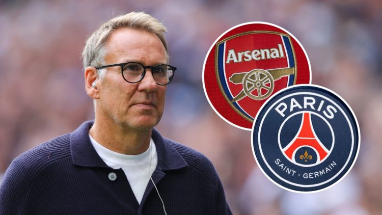 A split image featuring Paul Merson, the Arsenal badge and PSG crest