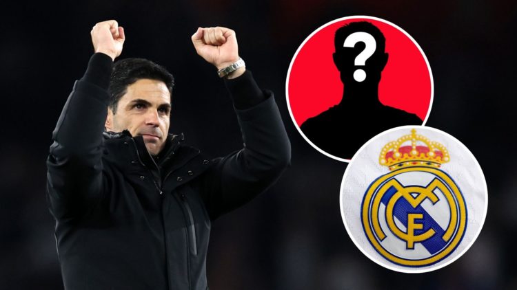 Mikel Arteta applauds after an Arsenal win, next to a mystery player inset and the Real Madrid badge.