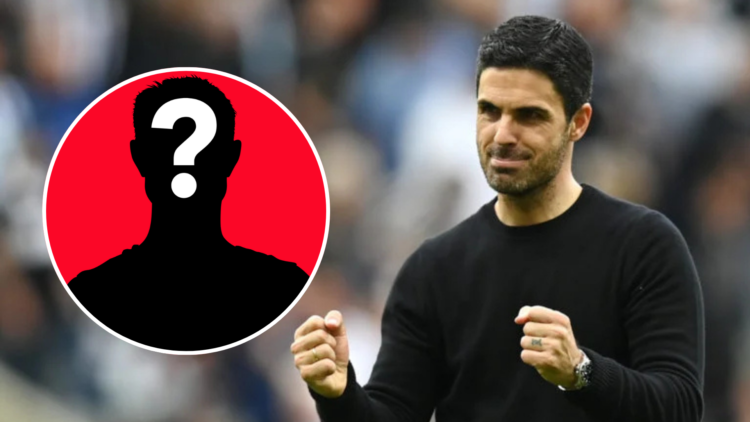 Image of Mikel Arteta celebrating with an inset of a mystery player.