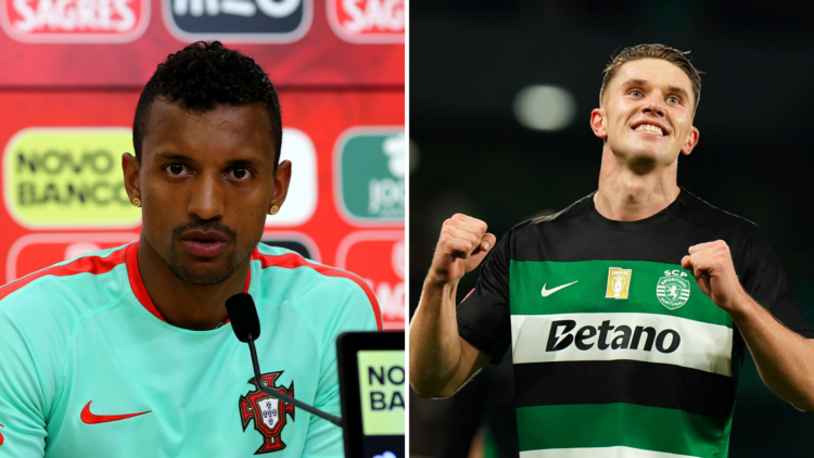 Split image of (L) Nani speaking in a press conference and (R) Viktor Gyokeres celebrating during a Sporting CP game