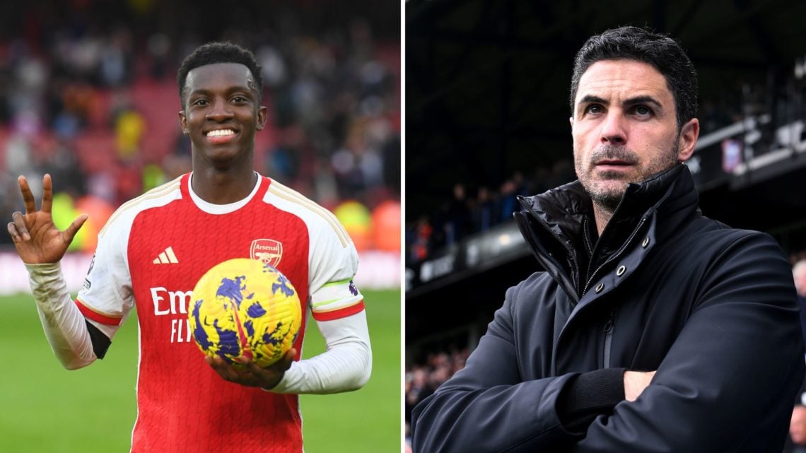 Split Image of: Mikel Arteta, Manager of Arsenal, looks on during the Premier League match between Ipswich Town FC and Arsenal, Eddie Nketiah of Ar...